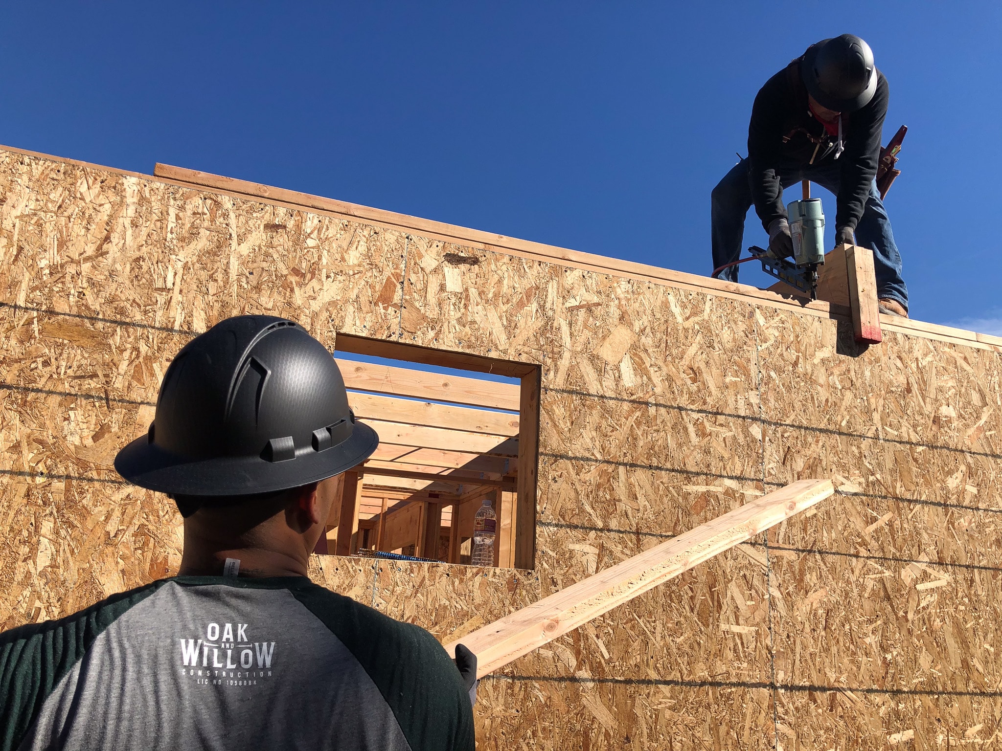 Crew installing wall sheathing